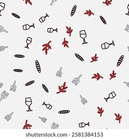 Set line French baguette bread, Wine glass, Carnival mask and Olives branch on seamless pattern. Vector