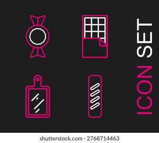 Set line French baguette bread, Cutting board, Chocolate bar and Candy icon. Vector