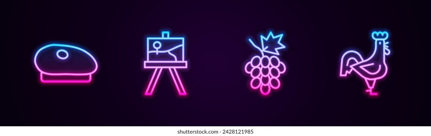 Set line French beret, Easel or painting art boards, Grape fruit and rooster. Glowing neon icon. Vector