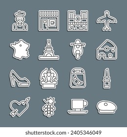 Set line French beret, Lipstick, Cheese, Notre Dame, Eiffel tower, Map of France, man and Scooter icon. Vector