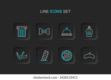 Set line French beret, Pizza, Leaning tower in Pisa, Gondola boat, Perfume, Covered with tray of food, Macaroni and Ancient column icon. Vector