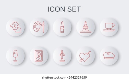 Set line French beret, Wine glass, Lipstick, Amour with heart and arrow, Poodle dog, Paint brush palette, Portrait museum and Street light icon. Vector