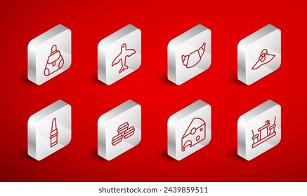 Set line French cafe, Plane, Croissant, Elegant women hat, Cheese, Handbag, Macaron cookie and Lipstick icon. Vector