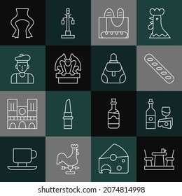 Set line French cafe, Wine bottle with cheese, baguette bread, Gargoyle on pedestal, man, Frog legs and Handbag icon. Vector