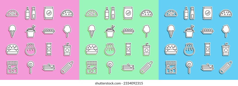 Set line French hot dog, Paper glass with straw, Cotton candy, Bag or packet potato chips, Asian noodles chopsticks, Ice cream in waffle cone, Taco tortilla and Nachos plate icon. Vector