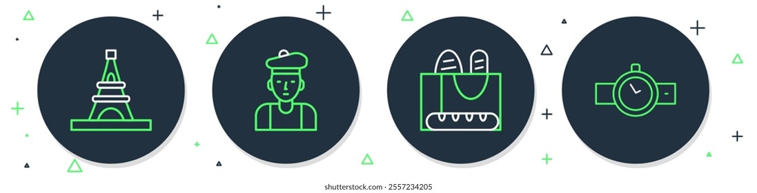 Set line French man, baguette bread, Eiffel tower and Wrist watch icon. Vector