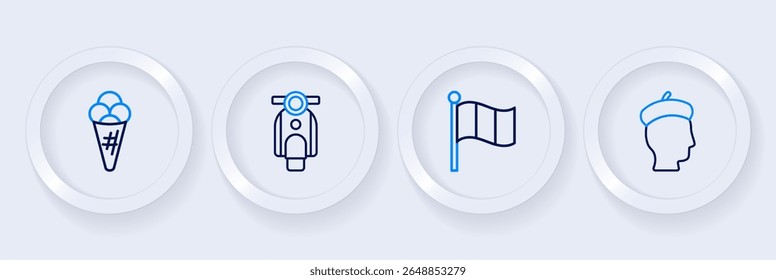 Set line French man, Flag Italy, Scooter and Ice cream in waffle icon. Vector