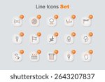 Set line French man, Ice cream in waffle, Ancient column, Bottles of wine, Map Italy, Olives, Roman army helmet and branch icon. Vector