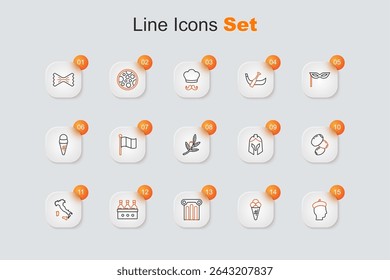Set line French man, Ice cream in waffle, Ancient column, Bottles of wine, Map Italy, Olives, Roman army helmet and branch icon. Vector