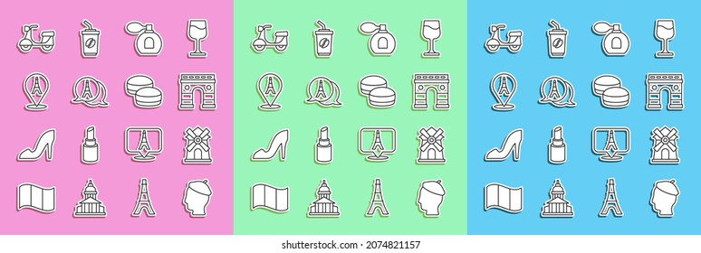 Set line French man, Windmill, Triumphal Arch, Perfume, Eiffel tower, Scooter and Macaron cookie icon. Vector
