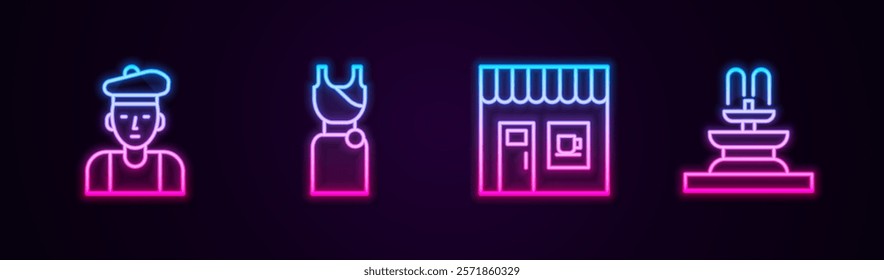 Set line French man, Woman dress, Coffee shop and Fountain. Glowing neon icon. Vector