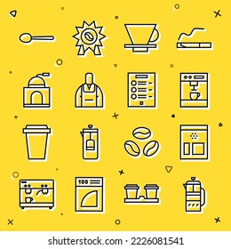 Set line French press, Bag of coffee beans, Coffee machine, V60 maker, Barista, Manual grinder, Spoon and menu icon. Vector