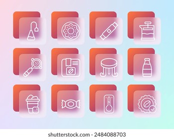 Set line French press, Candy, Coffee table, thermometer, Bag coffee beans, Sugar stick packets, Tea bag and Donut icon. Vector