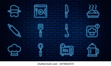 Set line French press, Chef hat, Knife, Barbecue spatula, Rolling pin, on dough, Kitchen ladle and Cooking live streaming icon. Vector