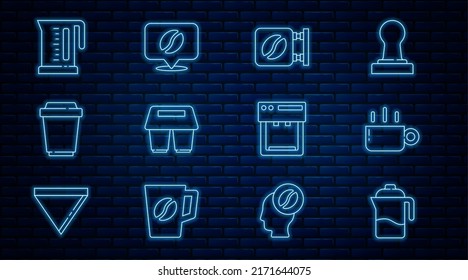 Set line French press, Coffee cup, Street signboard coffee, to go, Electric kettle, machine and Location with bean icon. Vector