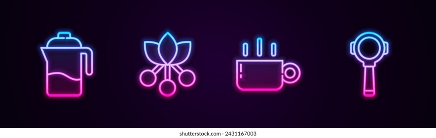 Set line French press, Coffee bean, branch, cup and filter holder. Glowing neon icon. Vector