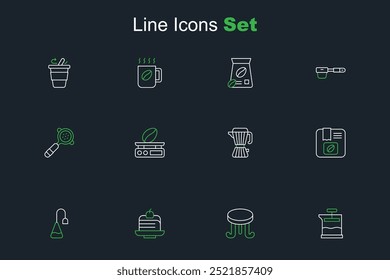 Set line French press, Coffee table, Piece cake, Tea bag, Bag coffee beans, maker moca pot, Electronic scales and filter holder icon. Vector