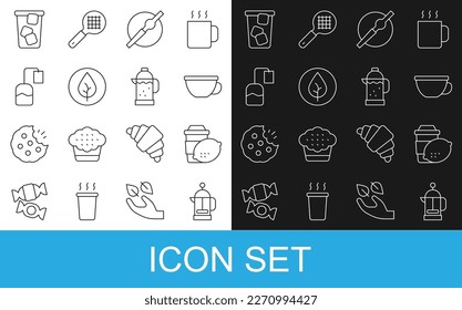 Set line French press, Cup of tea with lemon, Cigarette, Tea leaf, bag, Ice and  icon. Vector