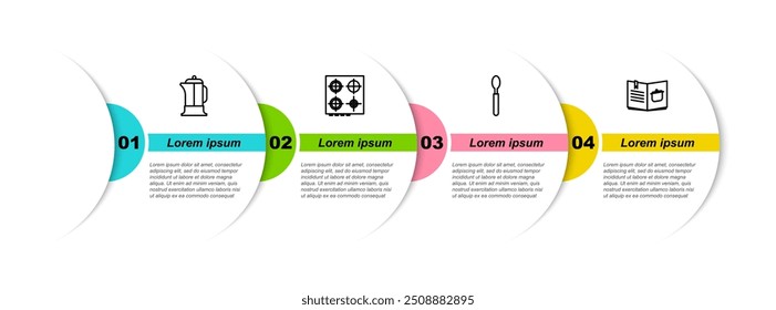 Set line French press, Gas stove, Spoon and Cookbook. Business infographic template. Vector