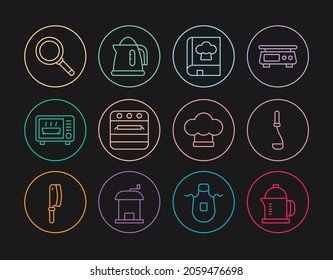 Set line French press, Kitchen ladle, Cookbook, Oven, Microwave oven, Frying pan, Chef hat and Electric kettle icon. Vector