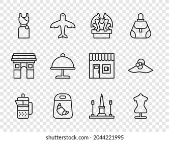 Set line French press, Mannequin, Gargoyle on pedestal, Croissant package, Woman dress, Covered with tray, Place De La Concorde and Elegant women hat icon. Vector