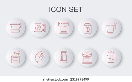 Set line French press, Manual coffee grinder, Coffee machine, V60 maker, Street signboard, Barista and Aeropress icon. Vector