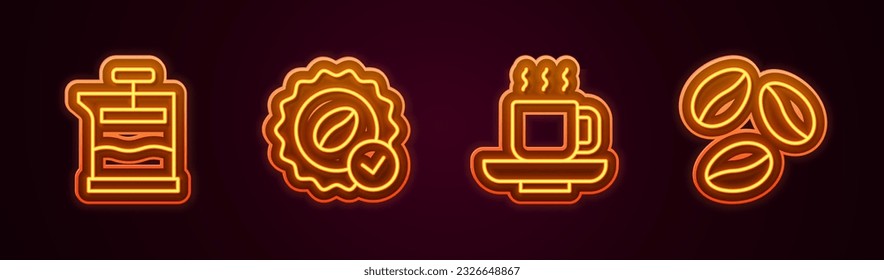 Set line French press, Medal for coffee, Coffee cup and beans. Glowing neon icon. Vector
