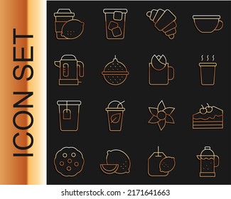 Set line French press, Piece of cake, Cup tea, Croissant, Ball strainer, Electric kettle, with lemon and rose icon. Vector
