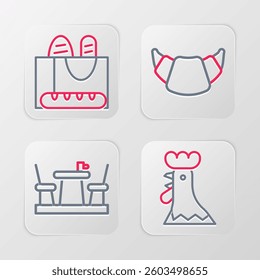 Set line French rooster, cafe, Croissant and baguette bread icon. Vector