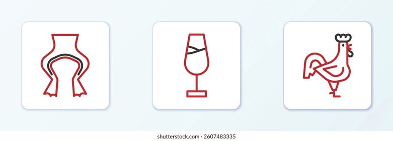 Set line French rooster, Frog legs and Wine glass icon. Vector