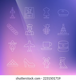 Set line French rooster, Kepi, Eiffel tower, Mannequin, man, baguette bread, Street light and Grape fruit icon. Vector