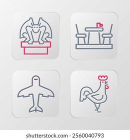 Set line French rooster, Plane, cafe and Gargoyle on pedestal icon. Vector