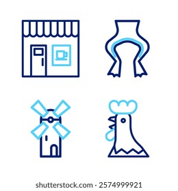 Set line French rooster, Windmill, Frog legs and Coffee shop icon. Vector