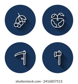 Set line Fresh berries, Apple, Scythe and Wooden axe with long shadow. Blue circle button. Vector