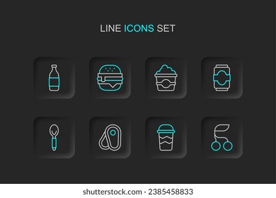 Set line Fresh berries, Coffee cup to go, Steak meat, Spoon, Soda can, Popcorn in cardboard box, Burger and Bottle wine icon. Vector