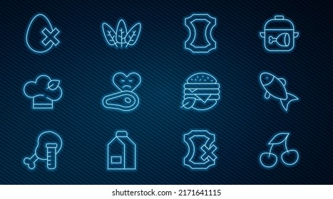 Set line Fresh berries, Fish, Leather, Steak meat, Vegan food diet, No egg,  and Leaf icon. Vector