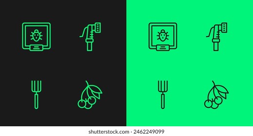 Set line Fresh berries, Garden pitchfork, Colorado beetle and hose icon. Vector
