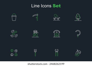 Set line Fresh berries, Gardening scissors, pitchfork, Colorado beetle, Sickle, Farm house, Well and Seeds of specific plant icon. Vector