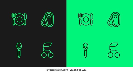 Fijar la línea Frescos bayas, Cuchara, Plata, bifurcación y cuchillo e icono de carne de filete. Vector