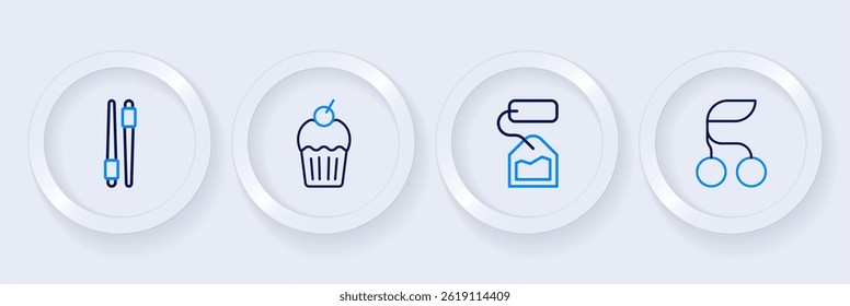 Set line Fresh berries, Tea bag, Muffin and Food chopsticks icon. Vector