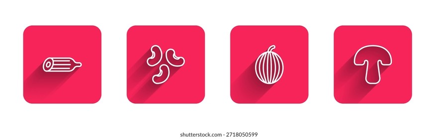 Set line Pepino fresco, Frijoles, Sandía y Champiñón con sombra larga. Botón cuadrado rojo. Vector