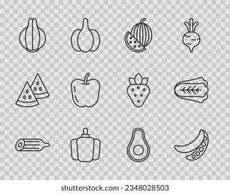Set line Fresh cucumber, Green peas, Watermelon, Bell pepper, Onion, Apple, Avocado fruit and Cabbage icon. Vector