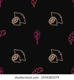 Set line Fresh cucumber, Lemon and Spinach on seamless pattern. Vector