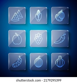 Set line Fresh cucumber, Watermelon, Onion, Strawberry, Plum fruit,  and Hot chili pepper pod icon. Vector
