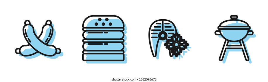 Set line Fresh frozen fish steak, Crossed sausage, Burger and Barbecue grill icon. Vector