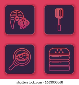Set line Fresh frozen fish steak, Steak meat in frying pan, Spatula and Burger. Blue square button. Vector