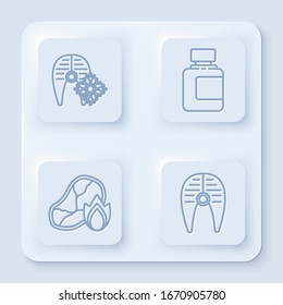 Set line Fresh frozen fish steak, Sauce bottle, Grilled steak meat and fire flame and Fish steak. White square button. Vector