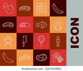 Set line Fresh frozen fish steak, Grilled shish kebab on skewer stick, Fire flame, Burger, Meat, Steak meat, Fried chicken wing and Fish icon. Vector