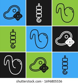 Set line Fresh frozen steak meat, Fried chicken wing and Grilled shish kebab on skewer stick icon. Vector