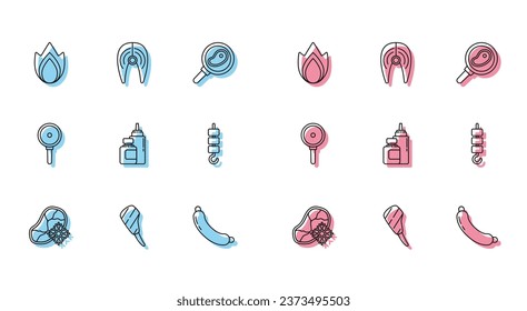 Set line Fresh frozen steak meat, Rib eye, Fire flame, Sausage, Sauce bottle, Grilled shish kebab on skewer stick, Frying pan and Fish icon. Vector